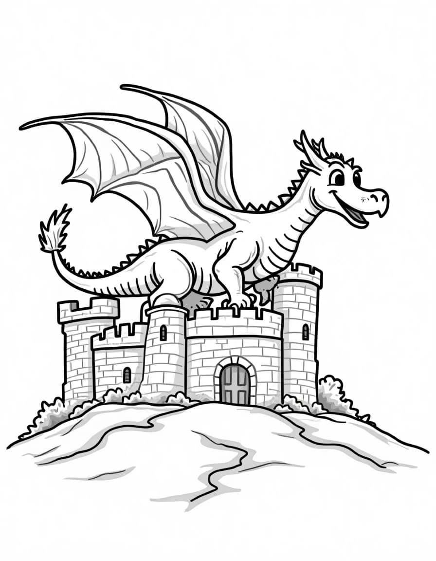 Dragon over Castle coloring page