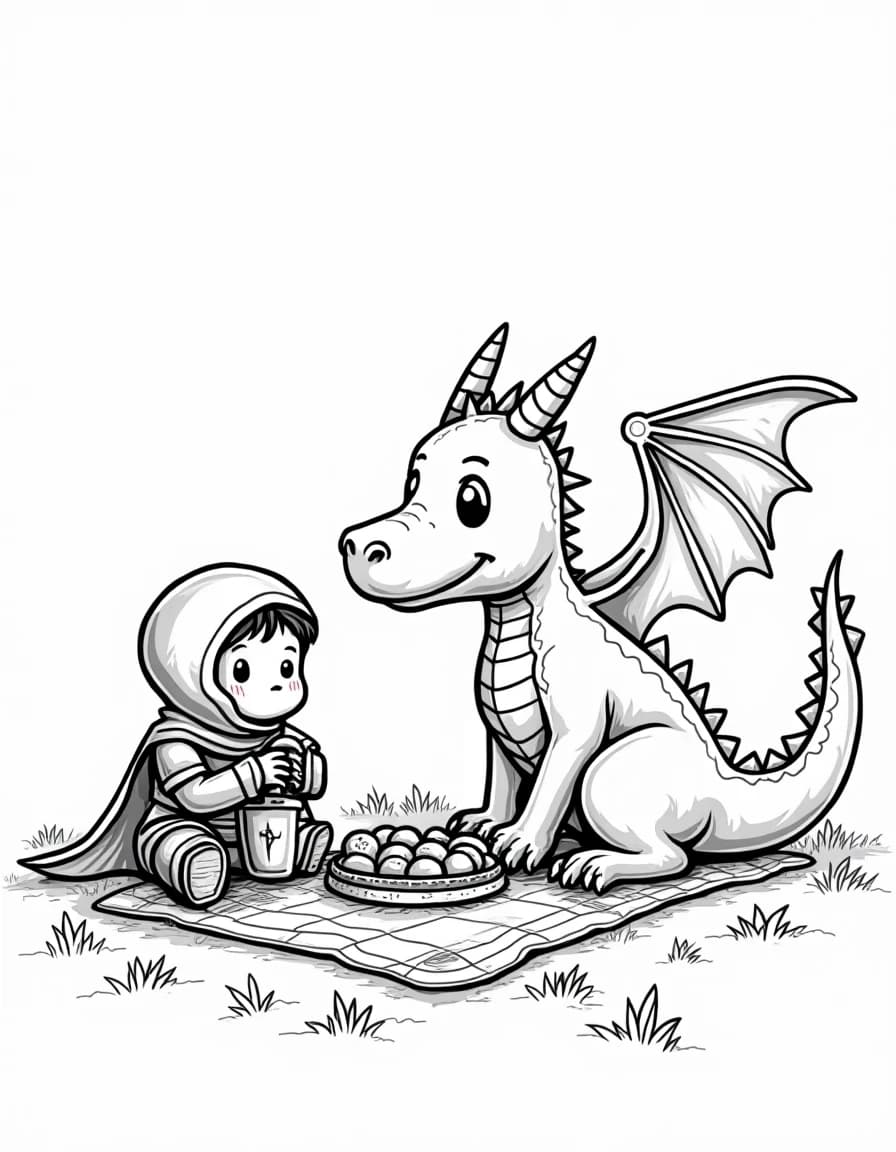 Dragon & Knight Friends โ free printable coloring page
