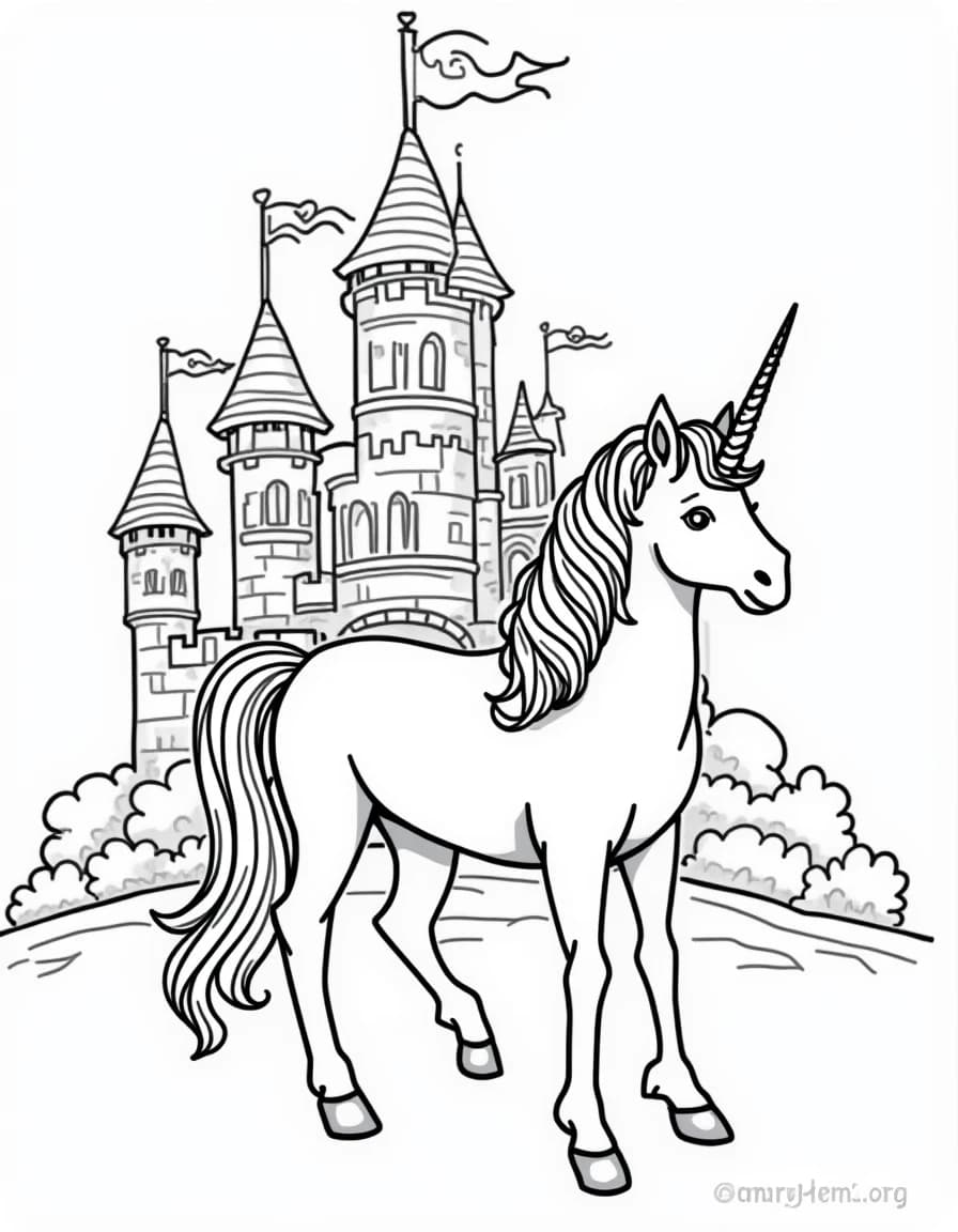 Unicorn & Castle coloring page