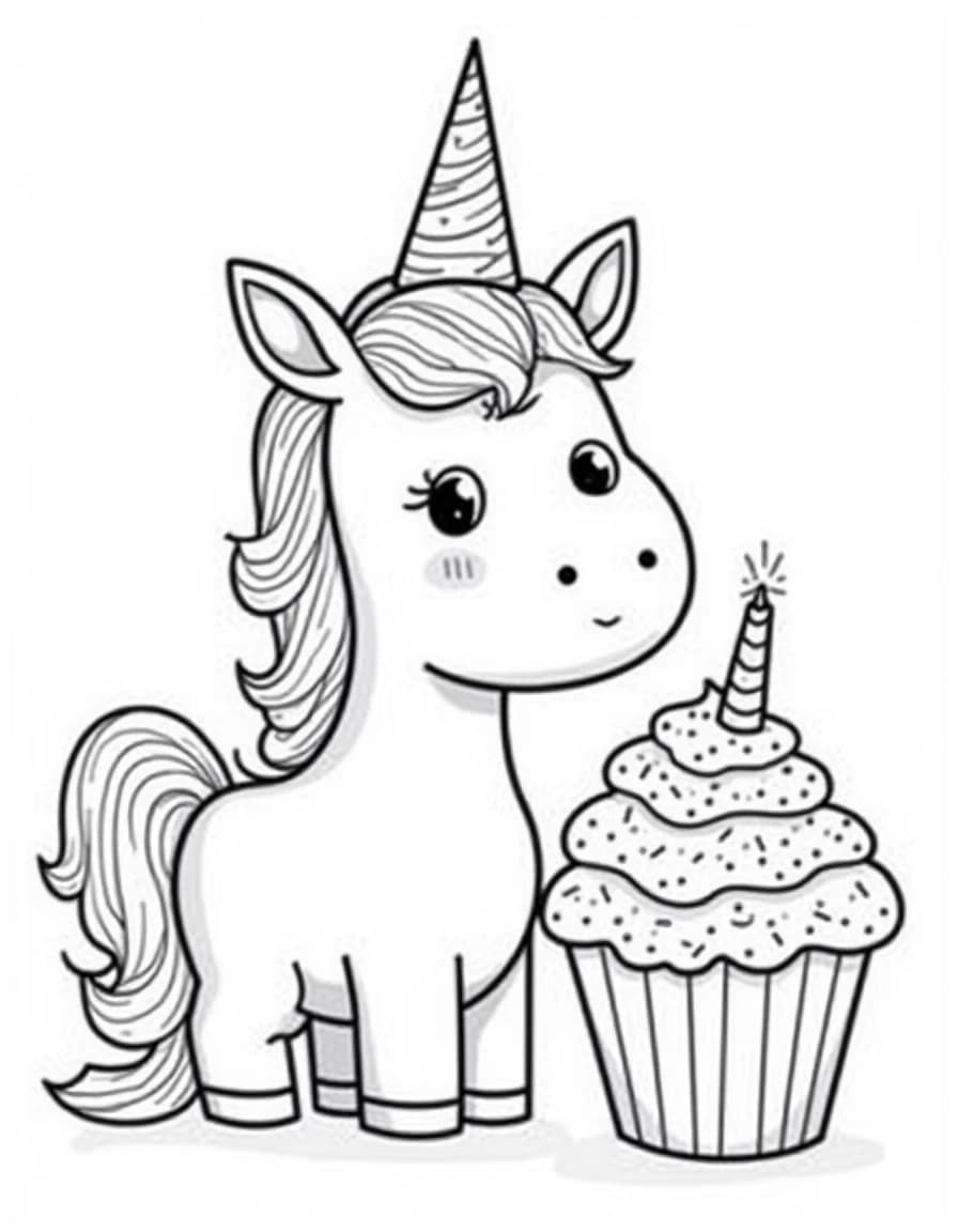 Unicorn with Cupcake coloring page