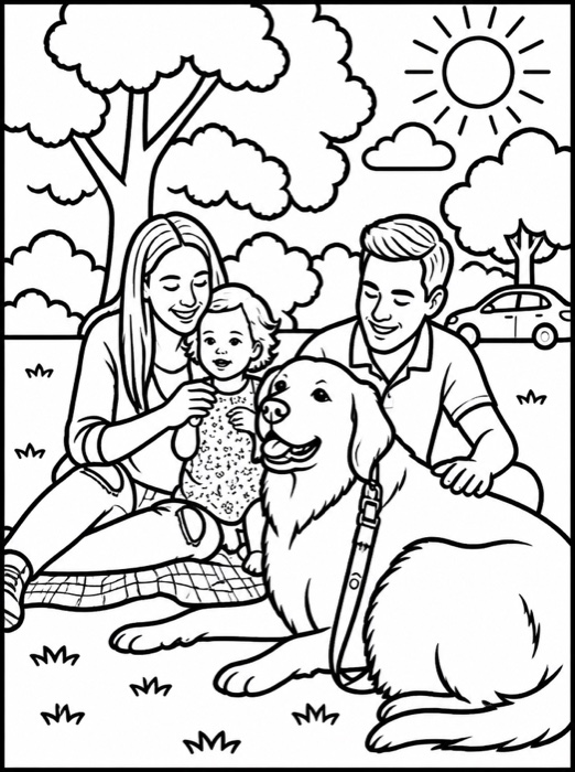The same family photo as a coloring page